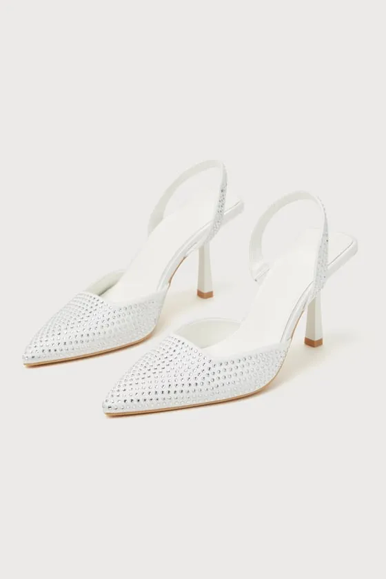 Aldiva White Satin Rhinestone Slingback Pumps sold by Lulus product image thumbnail 4