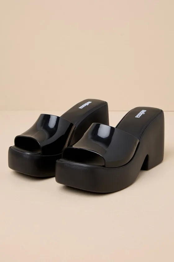 Posh Black Vinyl Platform Slide Sandals sold by Lulus