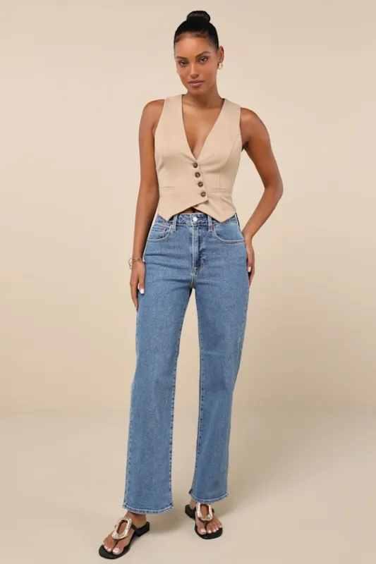 Stylish Journey Medium Wash Denim High-Rise Straight Leg Jeans sold by Lulus