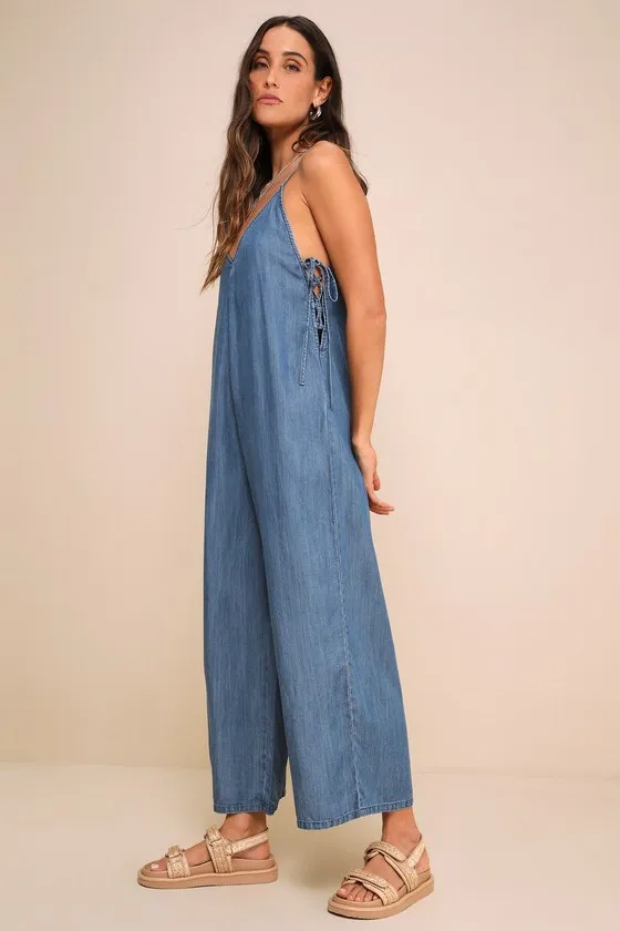 Comfortably Posh Medium Wash Chambray Wide-Leg Jumpsuit sold by Lulus
