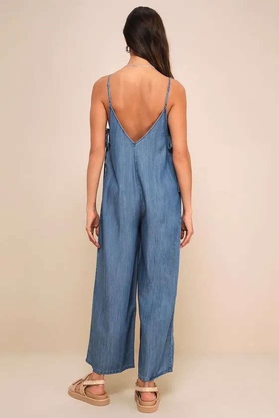 Comfortably Posh Medium Wash Chambray Wide-Leg Jumpsuit sold by Lulus product image thumbnail 2