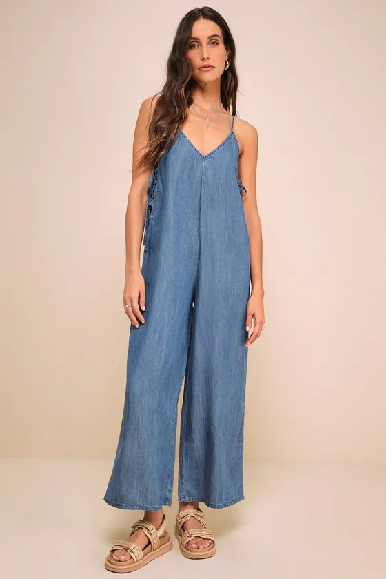 Comfortably Posh Medium Wash Chambray Wide-Leg Jumpsuit sold by Lulus product image thumbnail 4