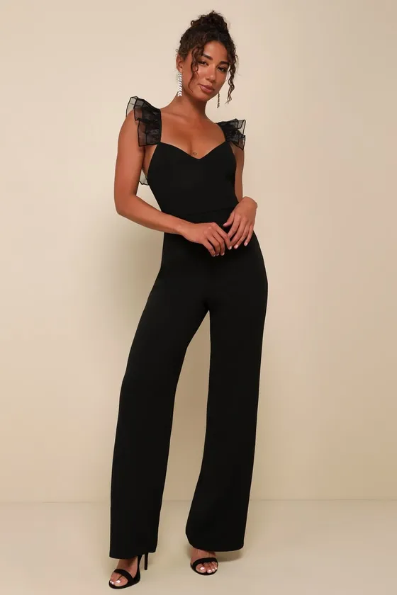 Luxe Position Black Ruffled Wide-Leg Jumpsuit sold by Lulus