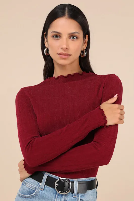 Charmed Vibes Burgundy Ribbed Lettuce Edge Long Sleeve Top sold by Lulus
