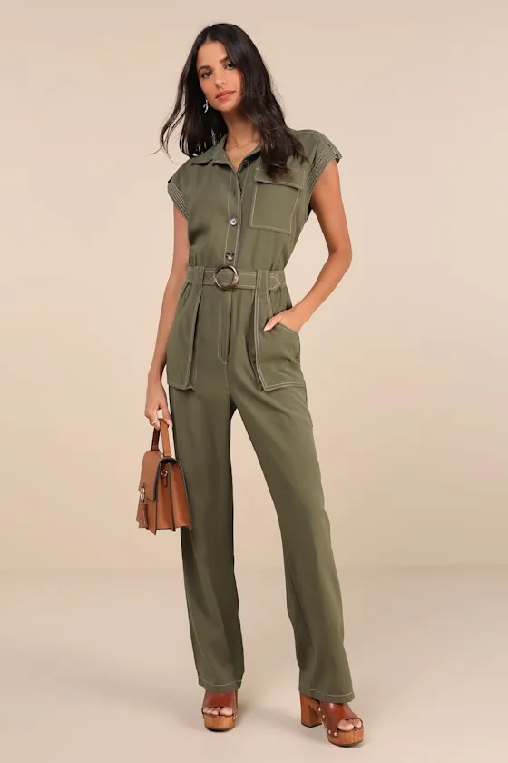Gene Olive Green Collared Sleeveless Utility Jumpsuit sold by Lulus product image thumbnail 2