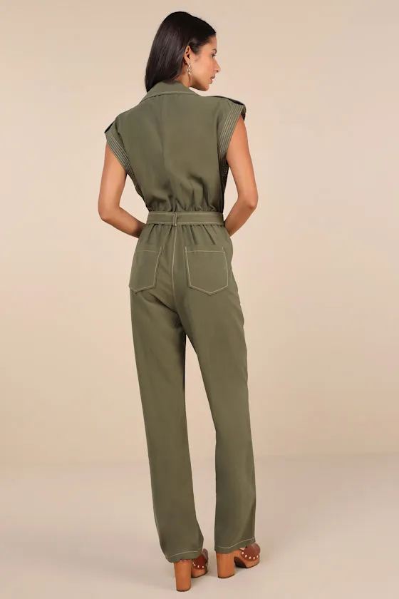 Gene Olive Green Collared Sleeveless Utility Jumpsuit sold by Lulus product image thumbnail 3
