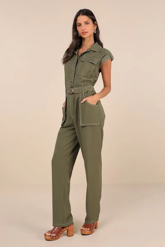 Gene Olive Green Collared Sleeveless Utility Jumpsuit sold by Lulus product image thumbnail 4