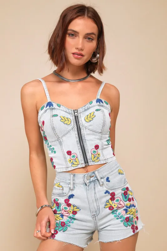 Reeve Picnic Date Light Wash Embroidered Floral Denim Shorts made by BlankNYC