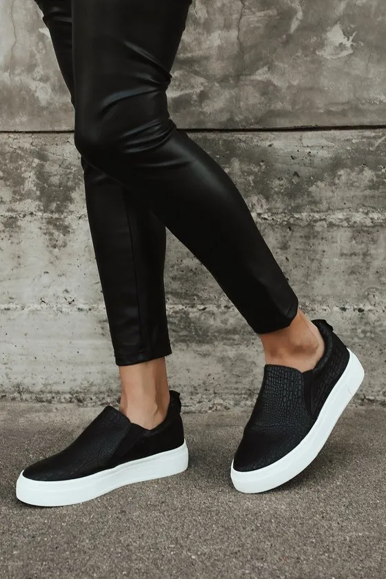 Cassay Black Crocodile-Embossed Platform Slip-On Sneakers sold by Lulus