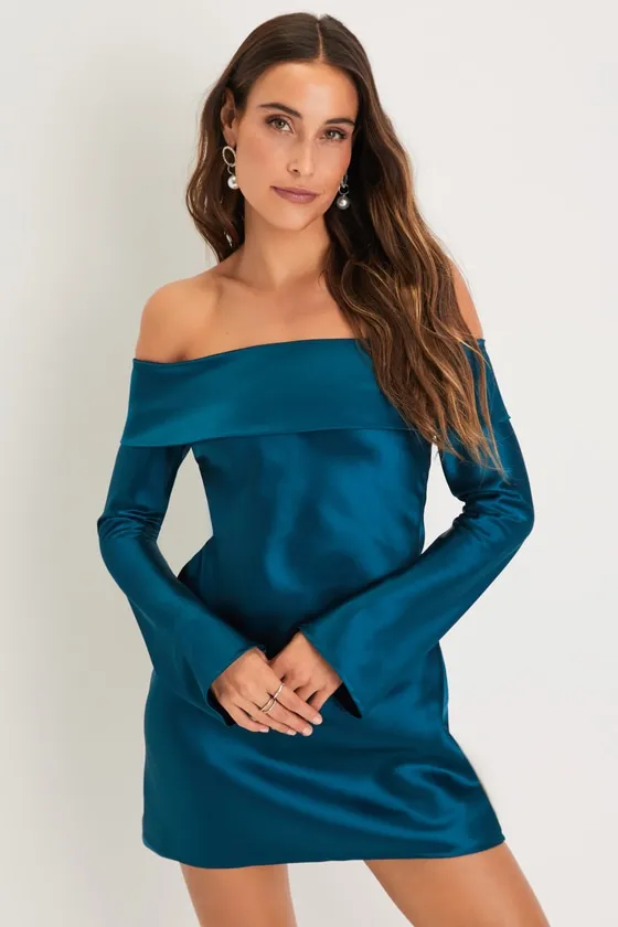 Luxurious Vision Teal Satin Off-the-Shoulder Mini Dress sold by Lulus