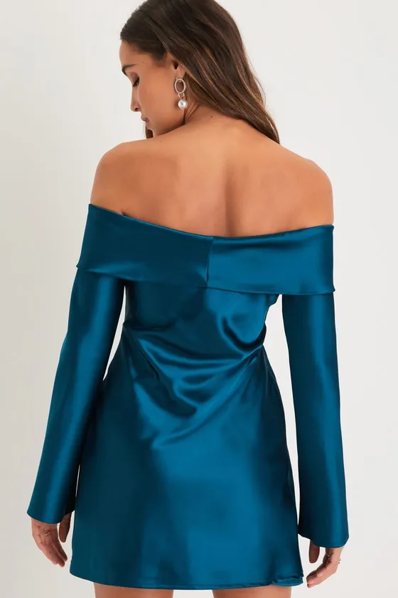 Luxurious Vision Teal Satin Off-the-Shoulder Mini Dress sold by Lulus product image thumbnail 3