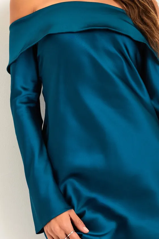 Luxurious Vision Teal Satin Off-the-Shoulder Mini Dress sold by Lulus product image thumbnail 4