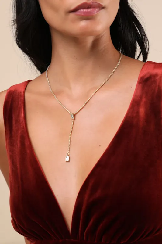 Notorious Brilliance Gold Rhinestone Lariat Necklace sold by Lulus