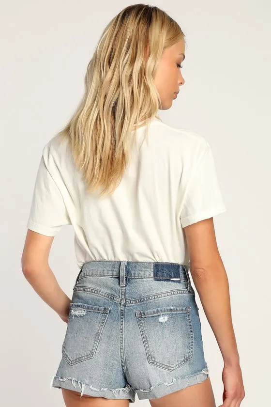 Troublemaker Medium Wash High-Rise Distressed Denim Shorts sold by Lulus product image thumbnail 2