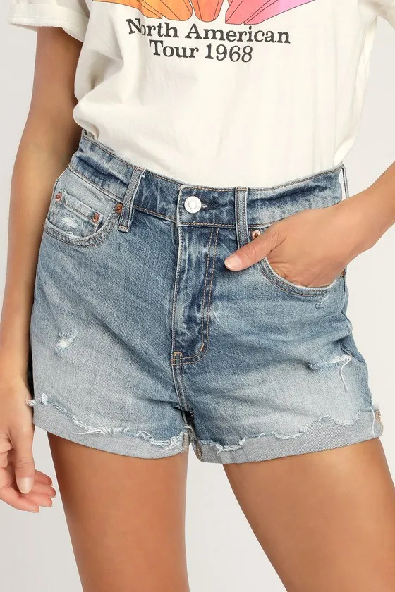 Troublemaker Medium Wash High-Rise Distressed Denim Shorts sold by Lulus product image thumbnail 3