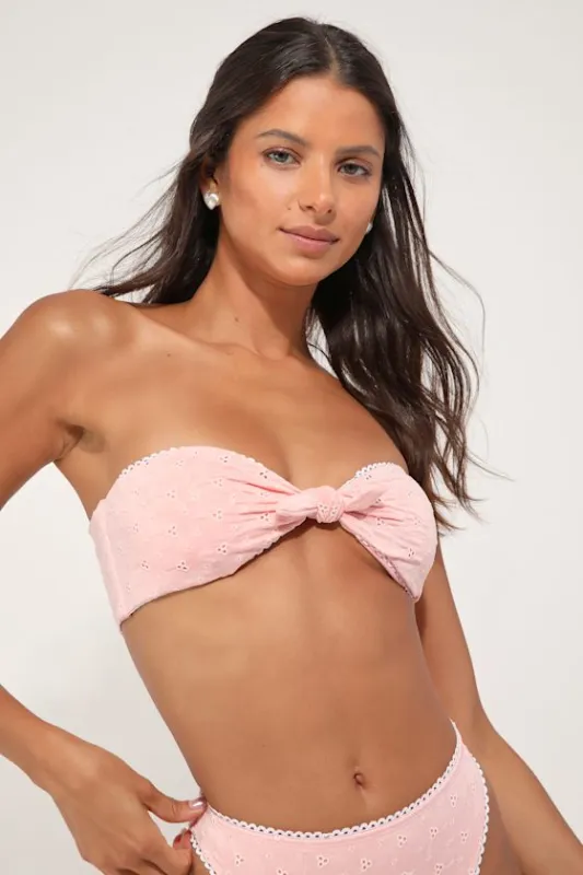 Bunny Light Pink Eyelet Tie-Front Strapless Bandeau Bikini Top sold by Lulus