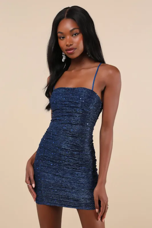 Flirty Vibes Royal Blue Sparkly Ruched Bodycon Mini Dress sold by Lulus