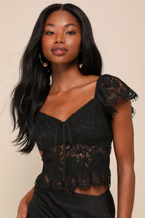 Romantic Sweetness Black Lace Cap Sleeve Tie-Back Crop Top sold by Lulus