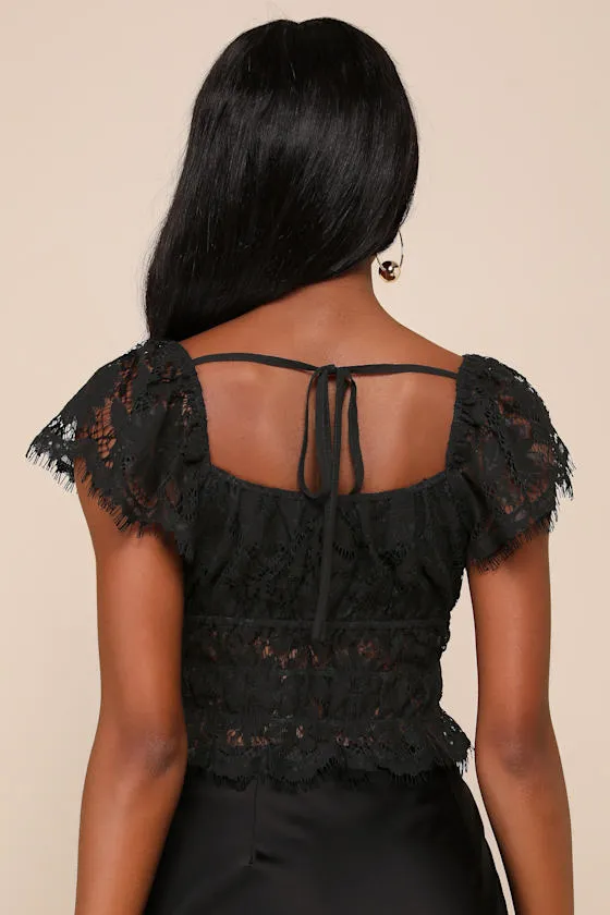 Romantic Sweetness Black Lace Cap Sleeve Tie-Back Crop Top sold by Lulus product image thumbnail 3