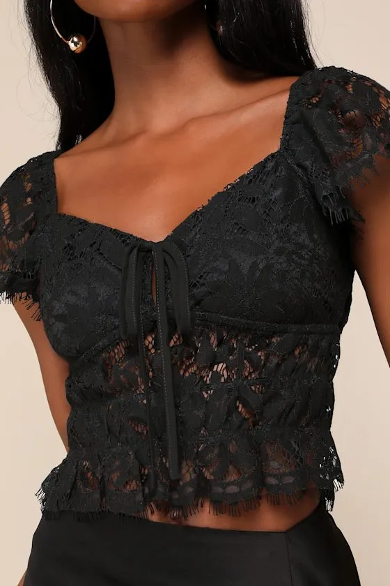 Romantic Sweetness Black Lace Cap Sleeve Tie-Back Crop Top sold by Lulus product image thumbnail 4