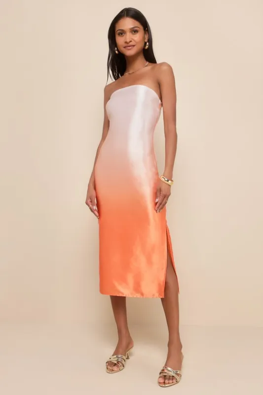 Indescribable Poise Peach Ombre Satin Strapless Midi Dress sold by Lulus