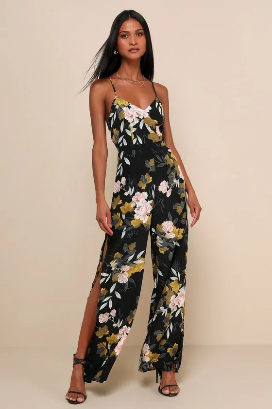 Beautiful Blooms Black Floral Print Wide-Leg Jumpsuit sold by Lulus