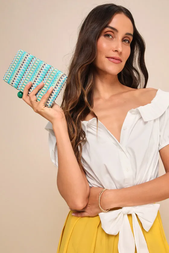 Positano Minaudiere Aqua Blue Multi Woven Hard Case Clutch sold by Lulus product image thumbnail 3