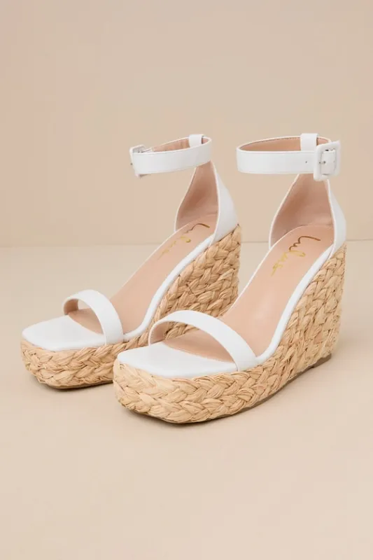 Fedila White Ankle Strap Platform Raffia Wedges sold by Lulus