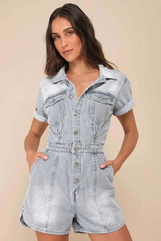 Topanga Light Wash Denim Short Sleeve Collared Romper sold by Lulus
