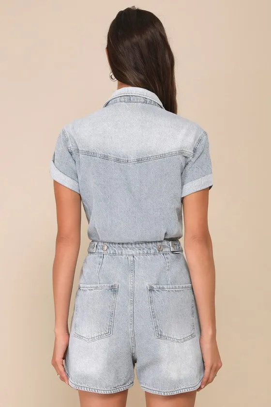 Topanga Light Wash Denim Short Sleeve Collared Romper sold by Lulus product image thumbnail 2