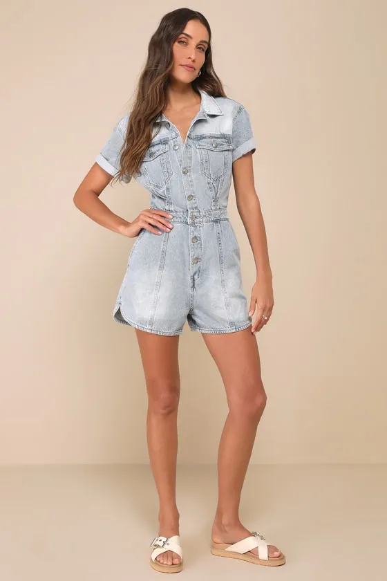 Topanga Light Wash Denim Short Sleeve Collared Romper sold by Lulus product image thumbnail 3