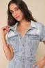 Topanga Light Wash Denim Short Sleeve Collared Romper sold by Lulus