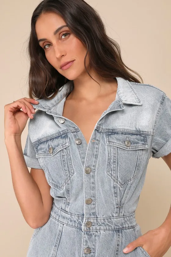 Topanga Light Wash Denim Short Sleeve Collared Romper sold by Lulus product image thumbnail 4