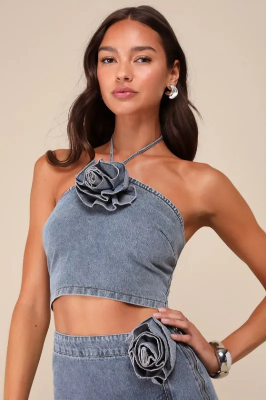 Favorite Reference Light Wash Denim Rosette Halter Top sold by Lulus