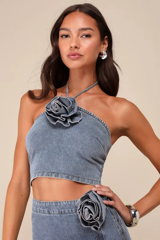Favorite Reference Light Wash Denim Rosette Halter Top sold by Lulus
