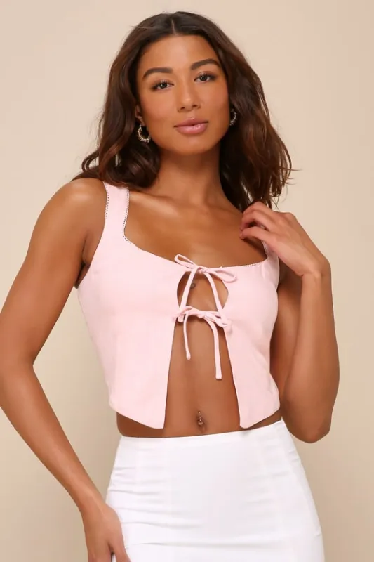 Nathalia Corset Light Pink Linen Lace Tie-Front Crop Top sold by Lulus