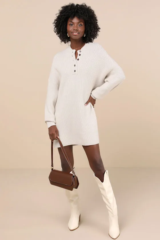 Coveted Coziness Ivory Long Sleeve Henley Sweater Mini Dress sold by Lulus
