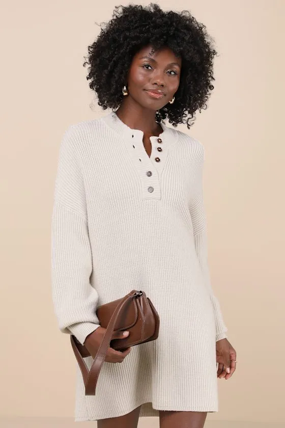 Coveted Coziness Ivory Long Sleeve Henley Sweater Mini Dress sold by Lulus product image thumbnail 2