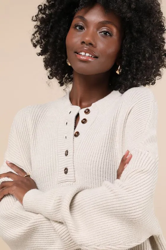 Coveted Coziness Ivory Long Sleeve Henley Sweater Mini Dress sold by Lulus product image thumbnail 3