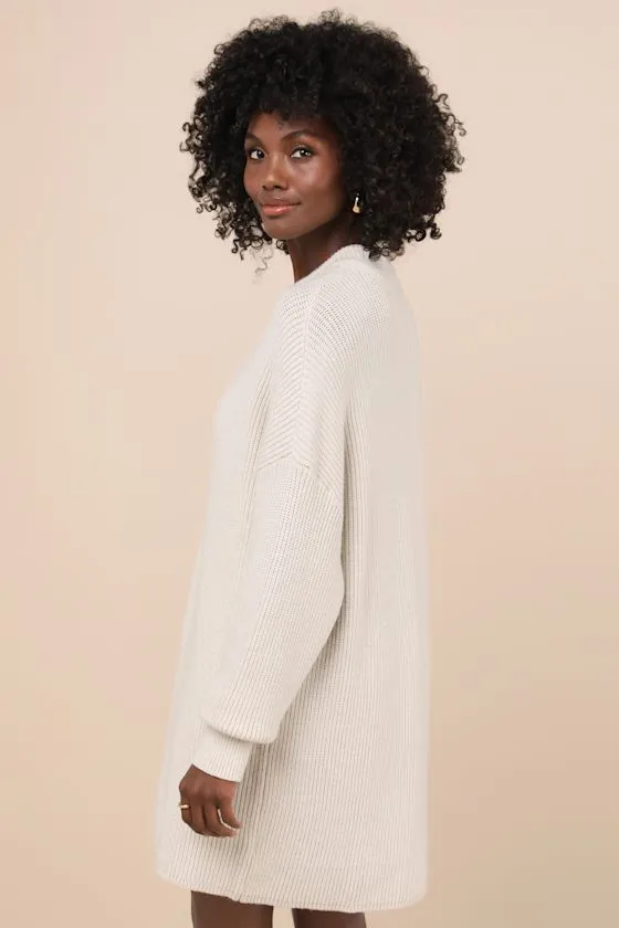 Coveted Coziness Ivory Long Sleeve Henley Sweater Mini Dress sold by Lulus product image thumbnail 4