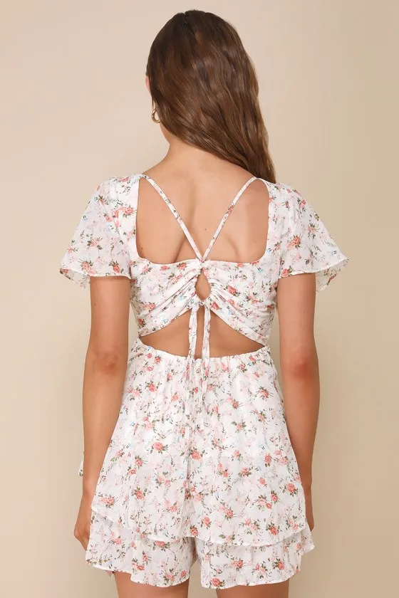 Flirty Choice Ivory Floral Flutter Sleeve Lace-Up Romper sold by Lulus product image thumbnail 2