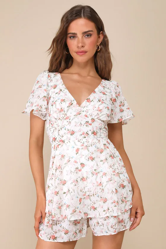 Flirty Choice Ivory Floral Flutter Sleeve Lace-Up Romper sold by Lulus product image thumbnail 4
