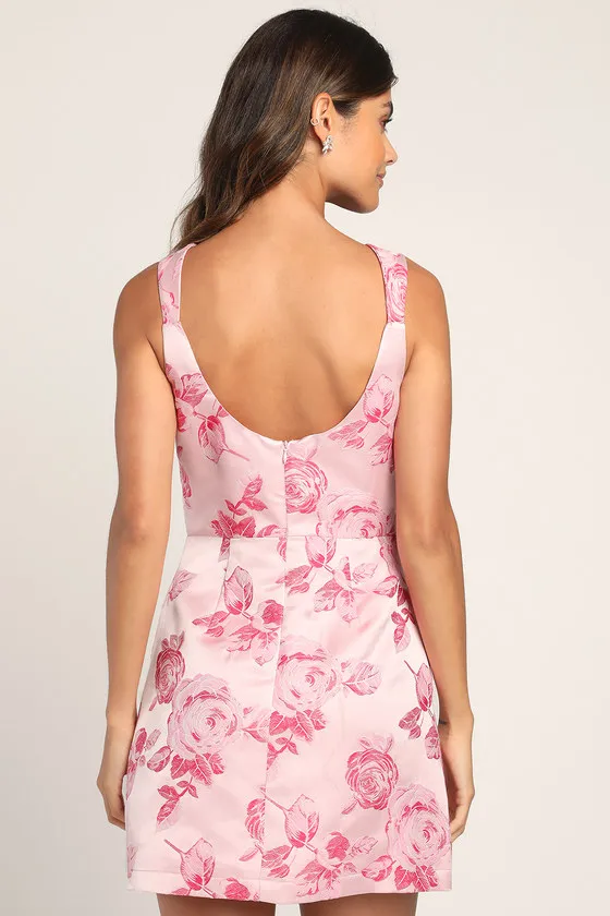Brighter Side Pink Floral Satin Jacquard Mini Dress sold by Lulus product image thumbnail 4