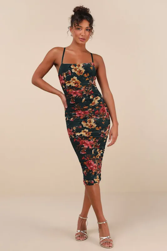 Date Night Beauty Dark Green Floral Print Mesh Ruched Midi Dress sold by Lulus
