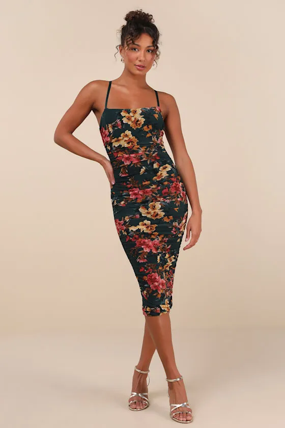Date Night Beauty Dark Green Floral Print Mesh Ruched Midi Dress sold by Lulus