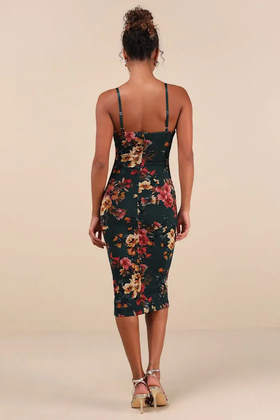 Date Night Beauty Dark Green Floral Print Mesh Ruched Midi Dress sold by Lulus product image thumbnail 3