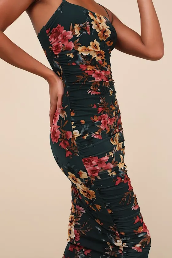 Date Night Beauty Dark Green Floral Print Mesh Ruched Midi Dress sold by Lulus product image thumbnail 4