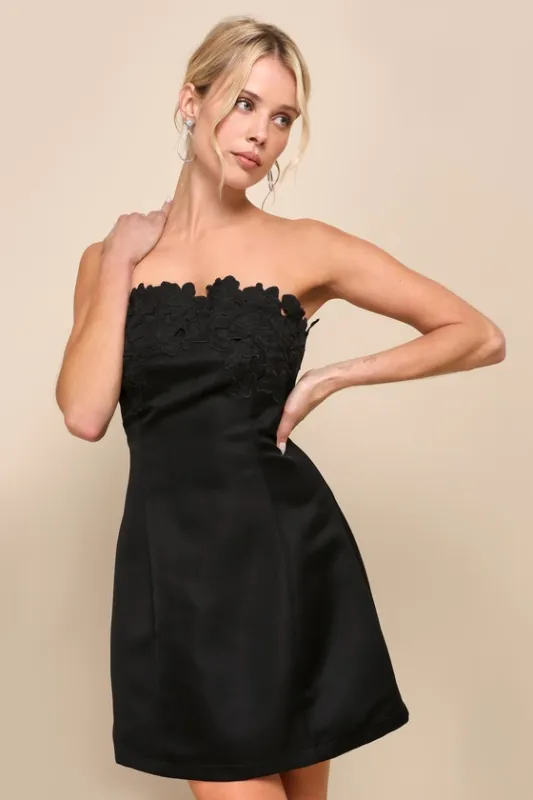 Unforgettable Icon Black Satin Strapless Floral Mini Dress sold by Lulus