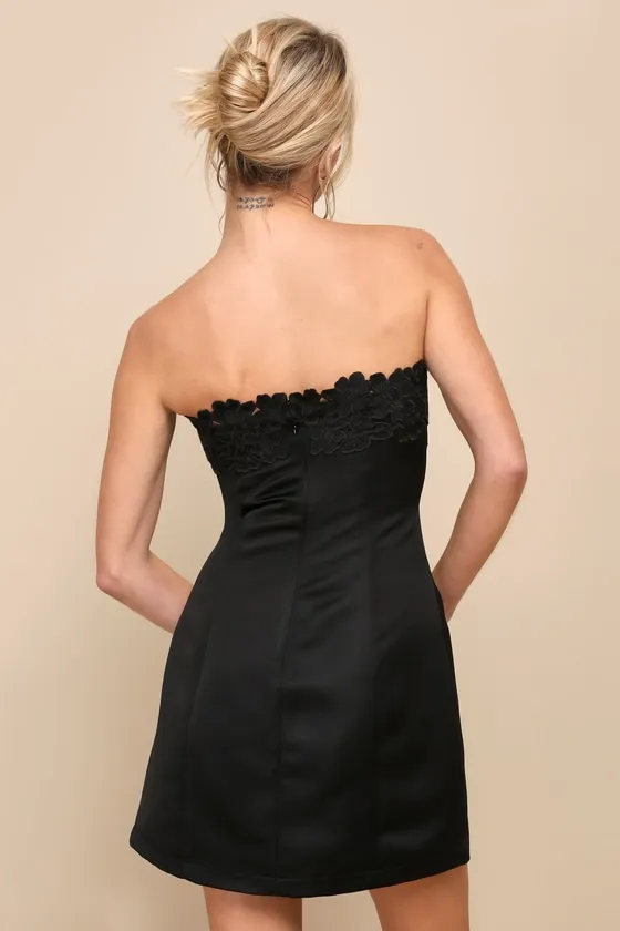 Unforgettable Icon Black Satin Strapless Floral Mini Dress sold by Lulus product image thumbnail 2