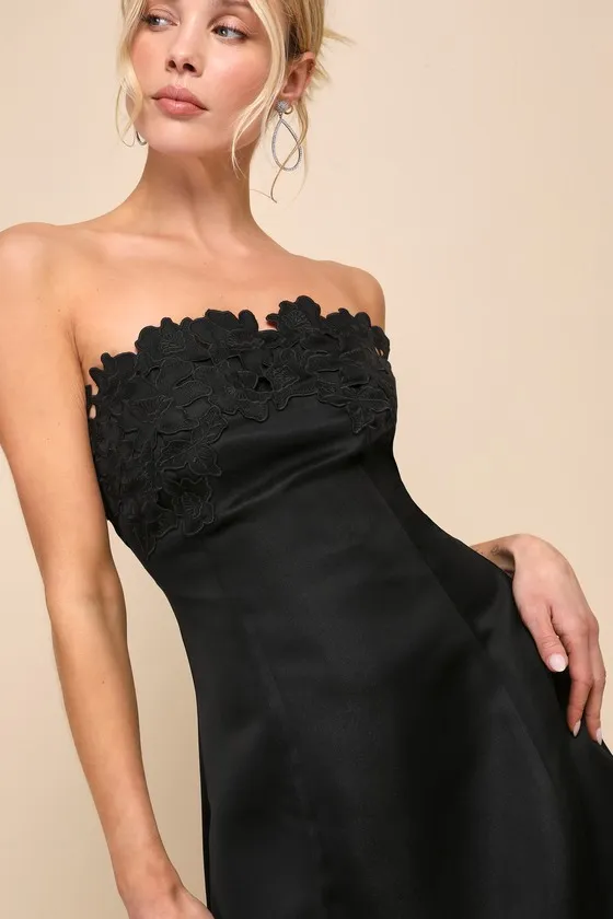 Unforgettable Icon Black Satin Strapless Floral Mini Dress sold by Lulus product image thumbnail 4